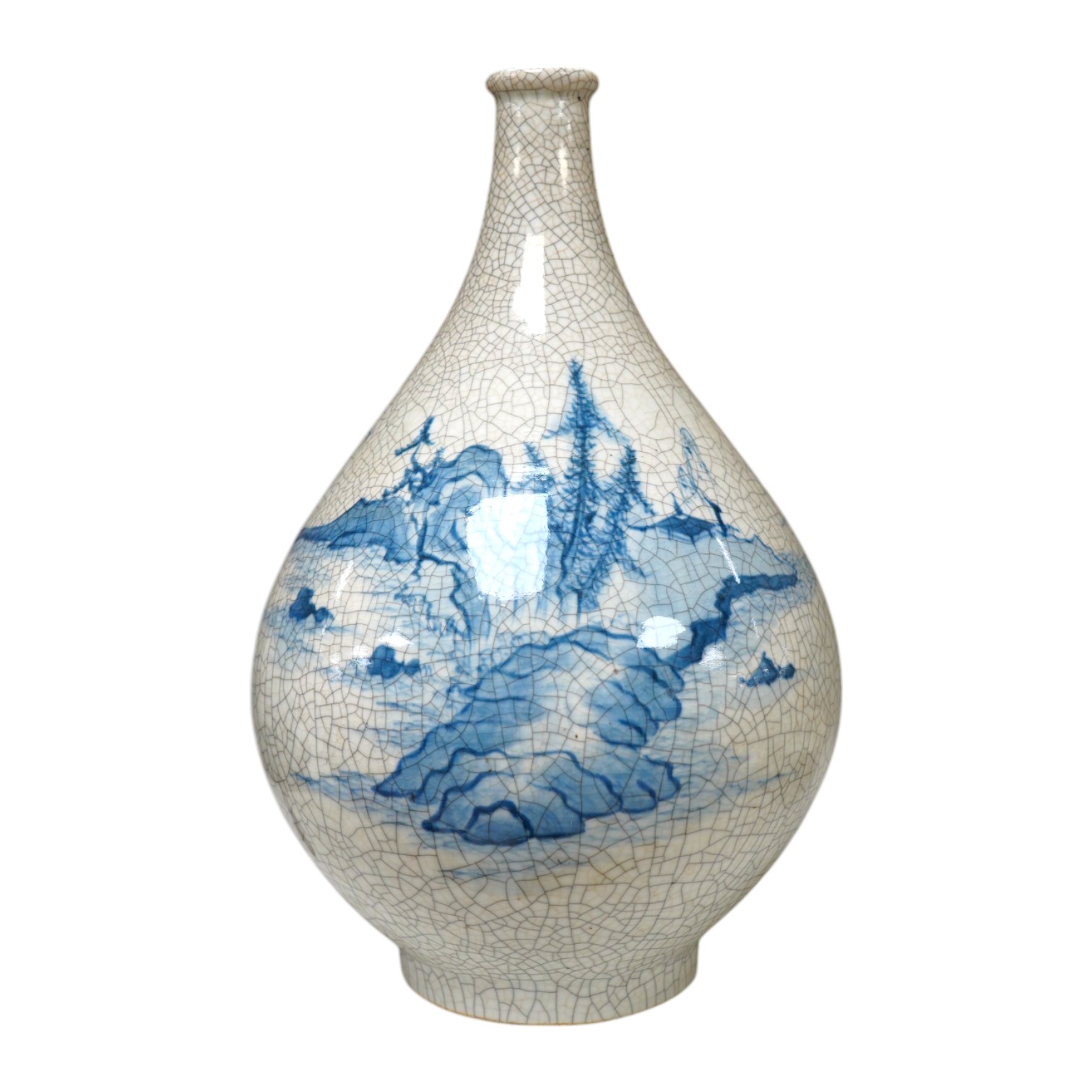 A Japanese blue and white crackle glaze bottle vase, 33cm. Condition - good